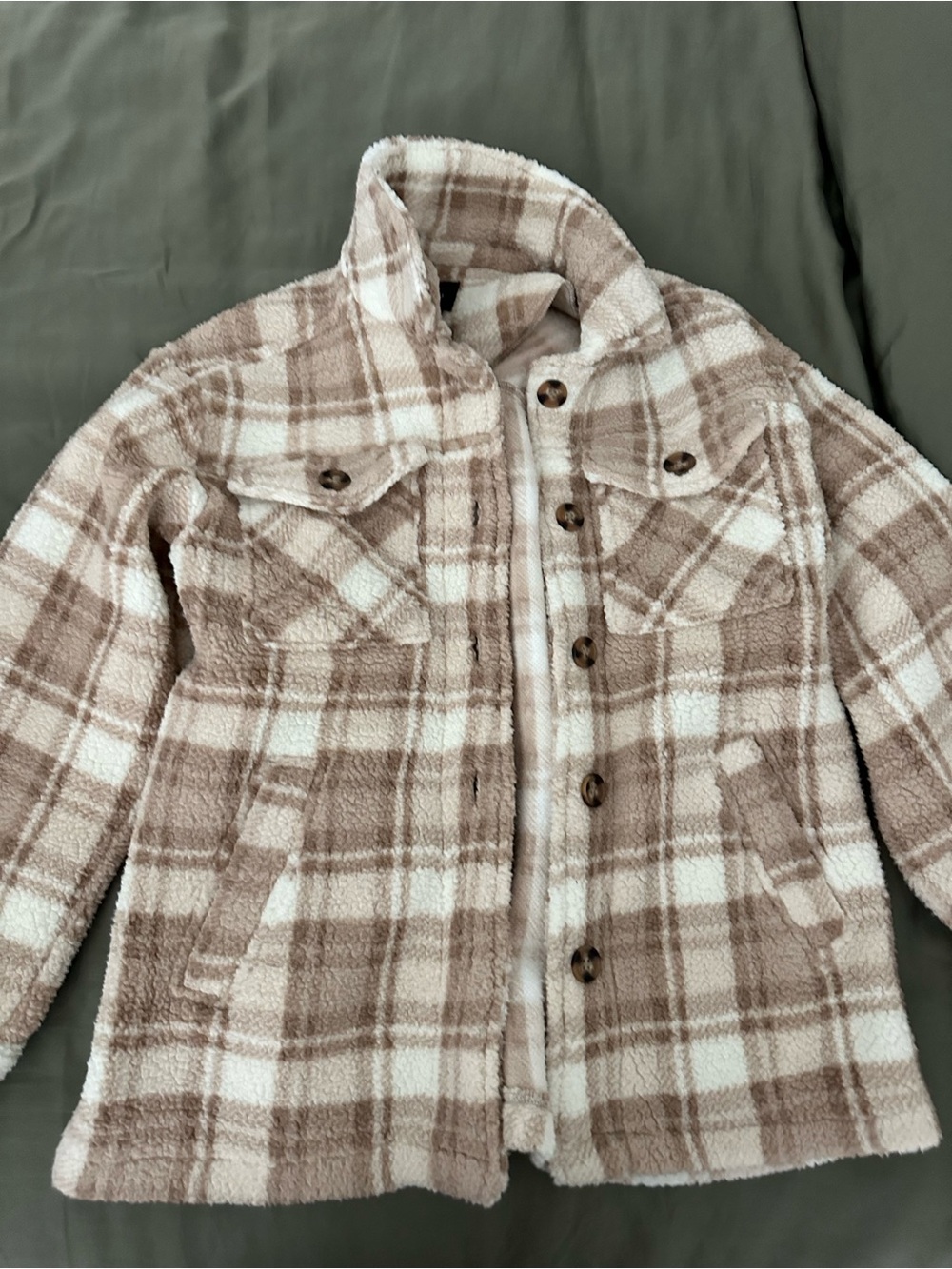 Love Tree Cream and Taupe Plaid Sherpa Button Jacket